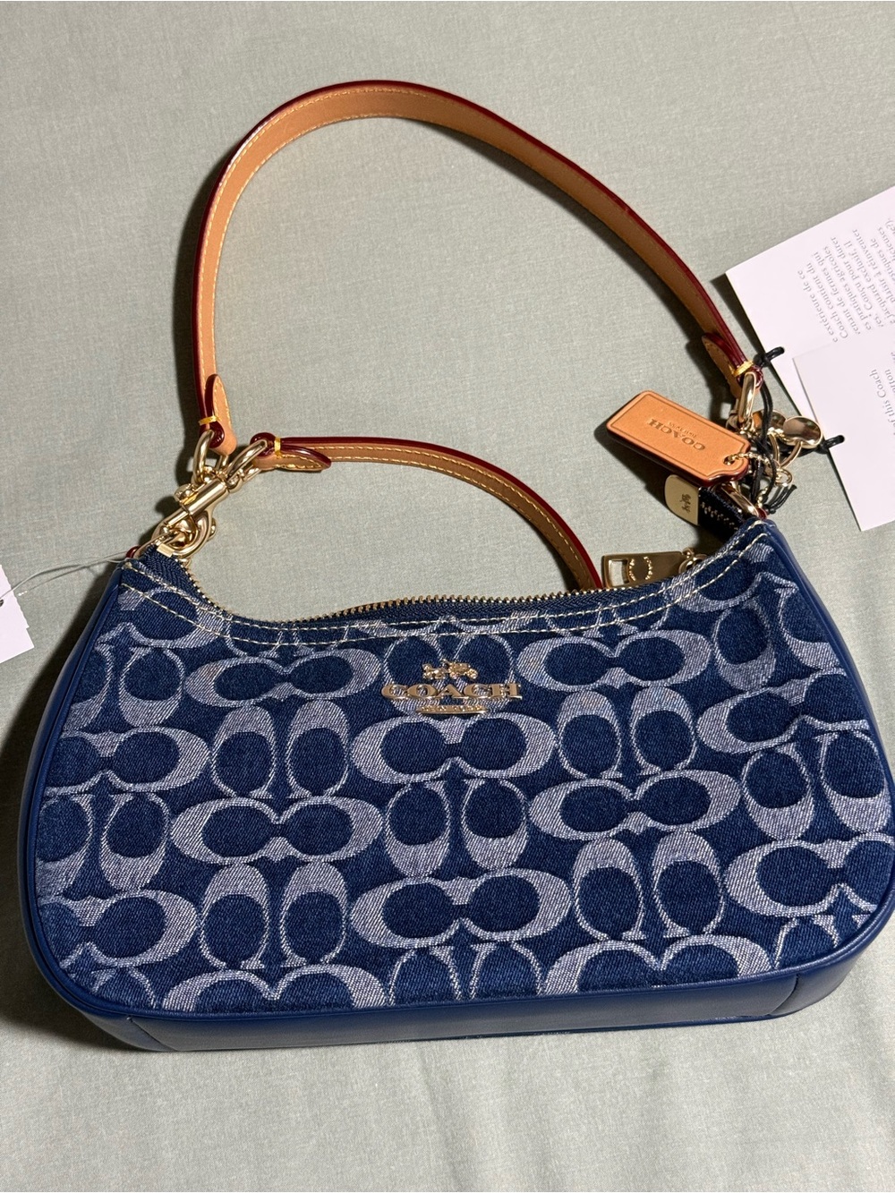 Coach Denim Signature Mini Shoulder Bag in Navy with Tan Strap - Picture 2 of 8